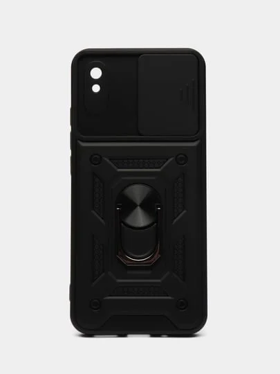 Черный чехол Xiaomi Redmi 9A / Сяоми Редми 9А противоударный, с металлической подставкой кольцом