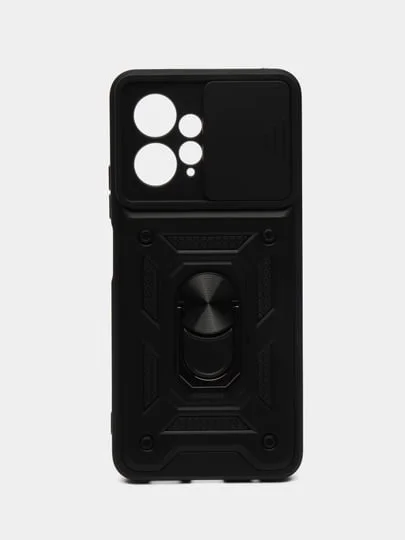 Черный чехол Redmi Note 12 4G / Редми Нот 12 противоударный, с металлической подставкой кольцом