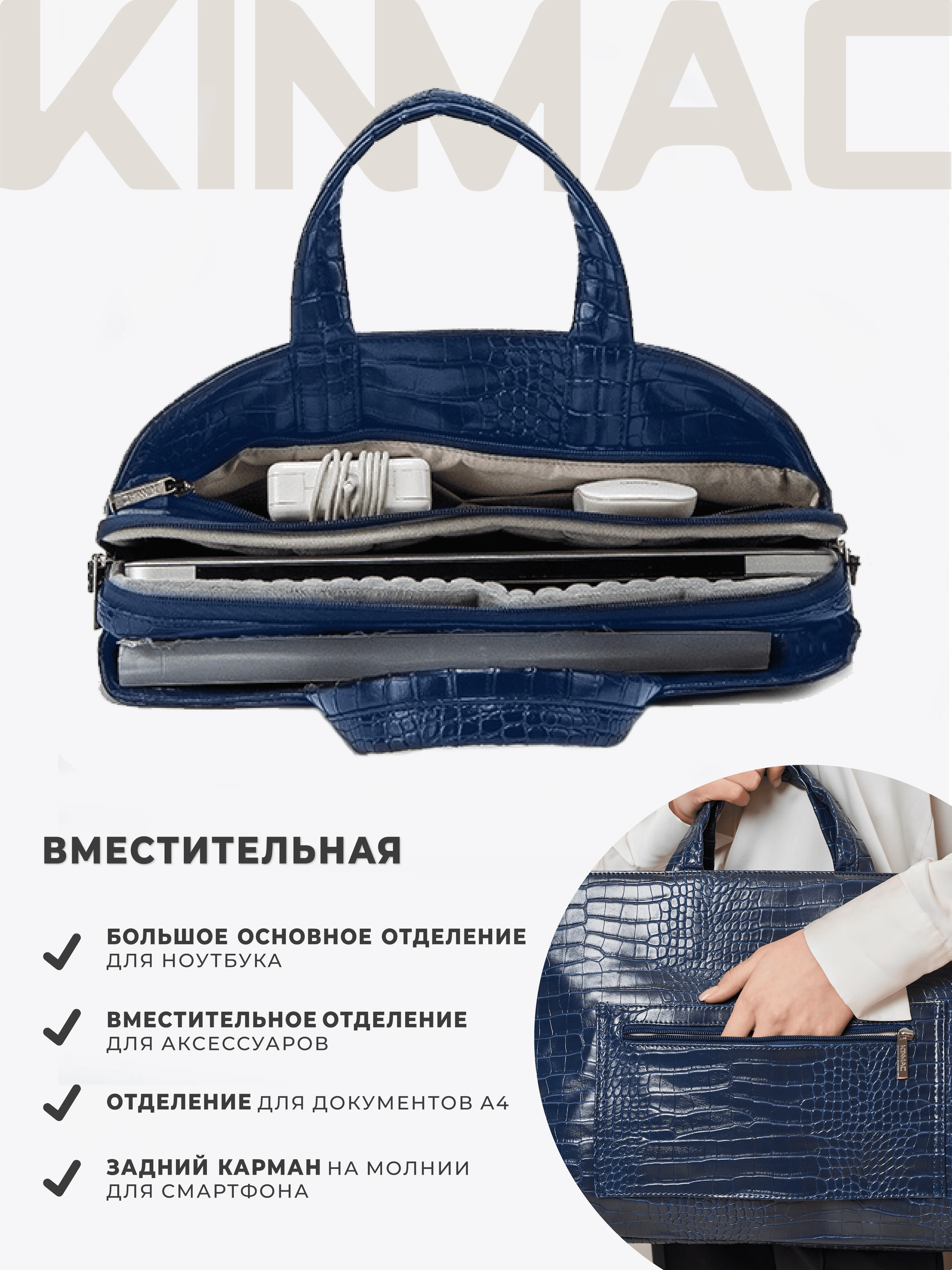 Синий сумка для ноутбука 15.6, 16 и 17 дюймов KINMAC с ремнем на плечо и 3 отделениями, синий