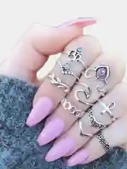 Серебряный набор женских колец, комплект из 10-ти колец со стразами