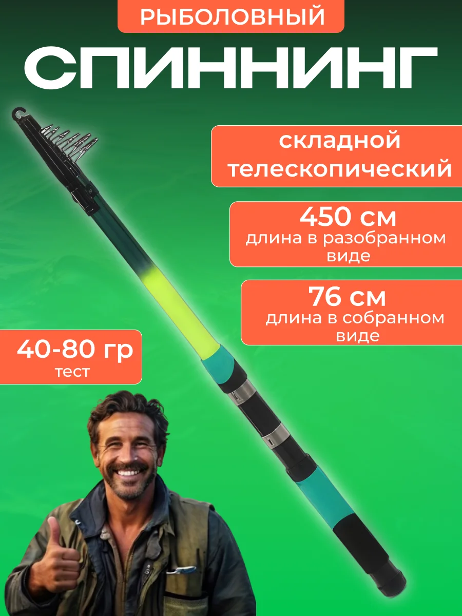 Спиннинг рыболовный, складной, телескопический