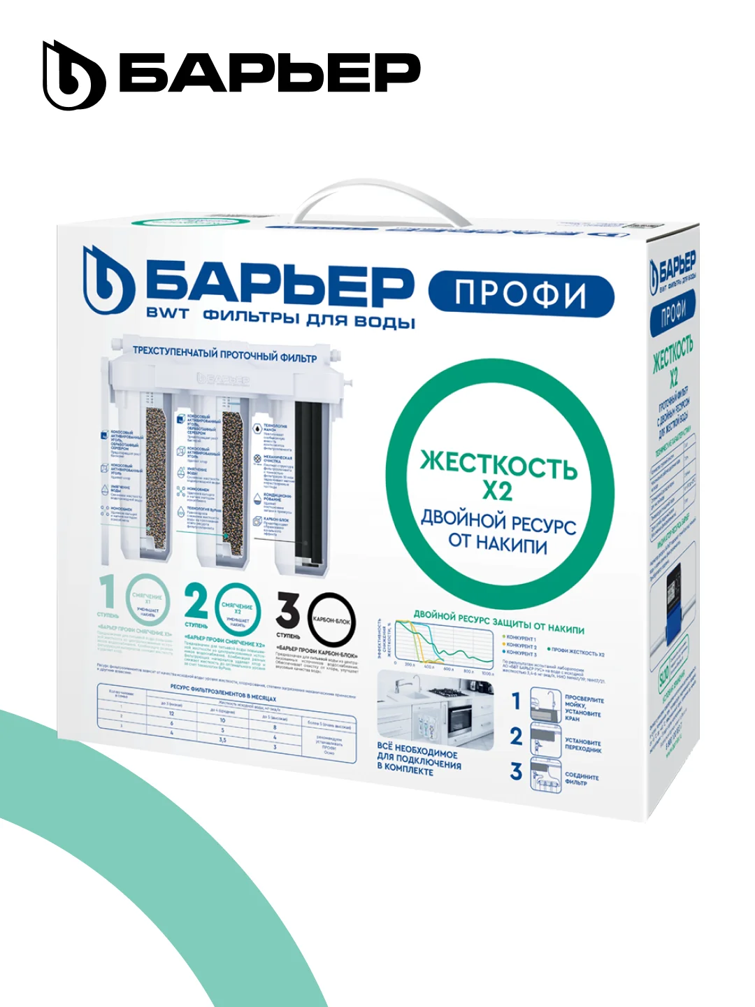 Фильтр под мойку для очистки воды трехступенчатый БАРЬЕР ПРОФИ Жесткость х2