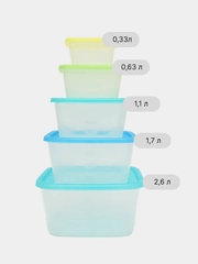 Набор контейнеров для продуктов с крышкой 5 штук: 2.6л, 1.7л, 1.1л, 0,63л, 0,33л