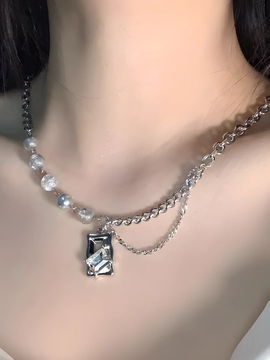 Серый меланж женское ожерелье - колье со стразами, цепочка звезды и сердце