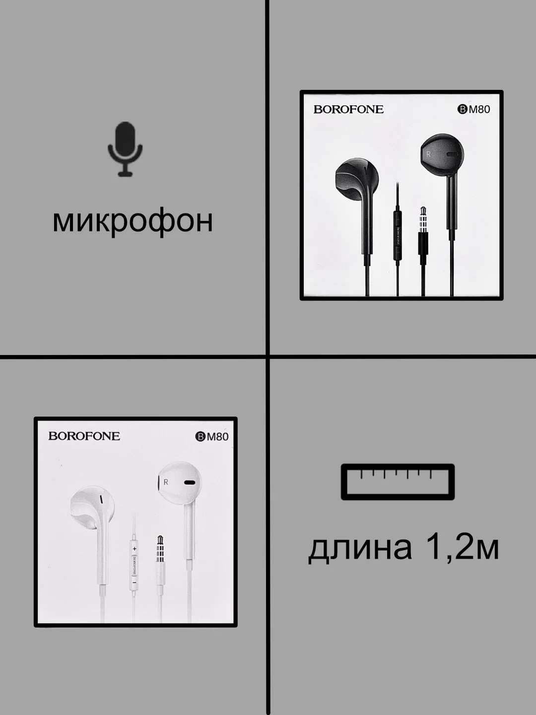 Белый наушники проводные с микрофоном Borofone M80 с кабелем 1,2 м. Jack 3.5 mm