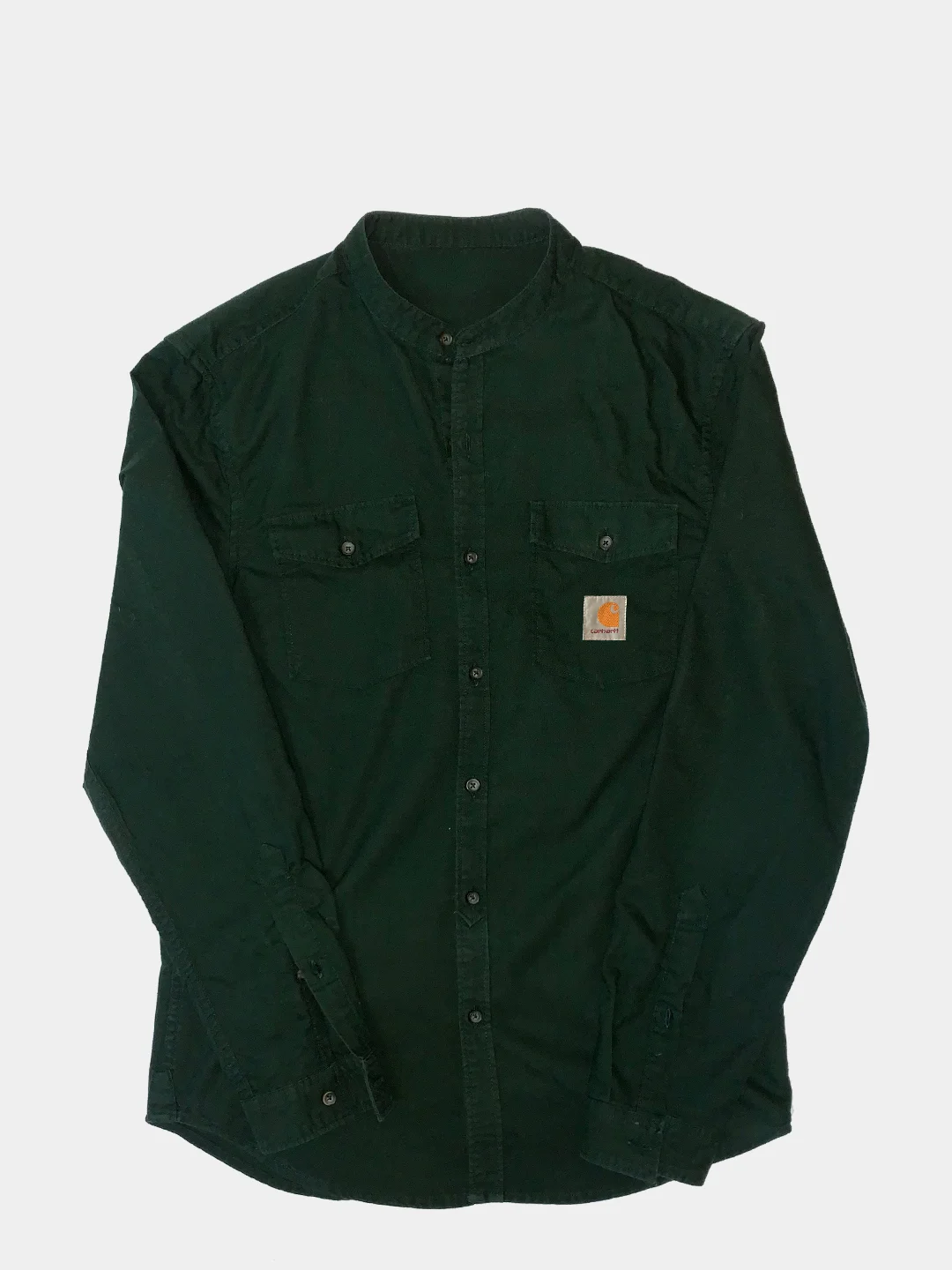 Тёмно-зелёный однотонная мужская рубашка carhartt из хлопка с воротником-стойкой