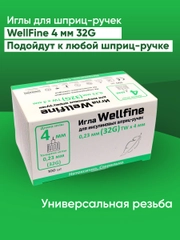 Иглы для шприц-ручек WellFine TW 32G, толщина 0,23 мм, длина 4 мм, ультратонкие, 100 штук