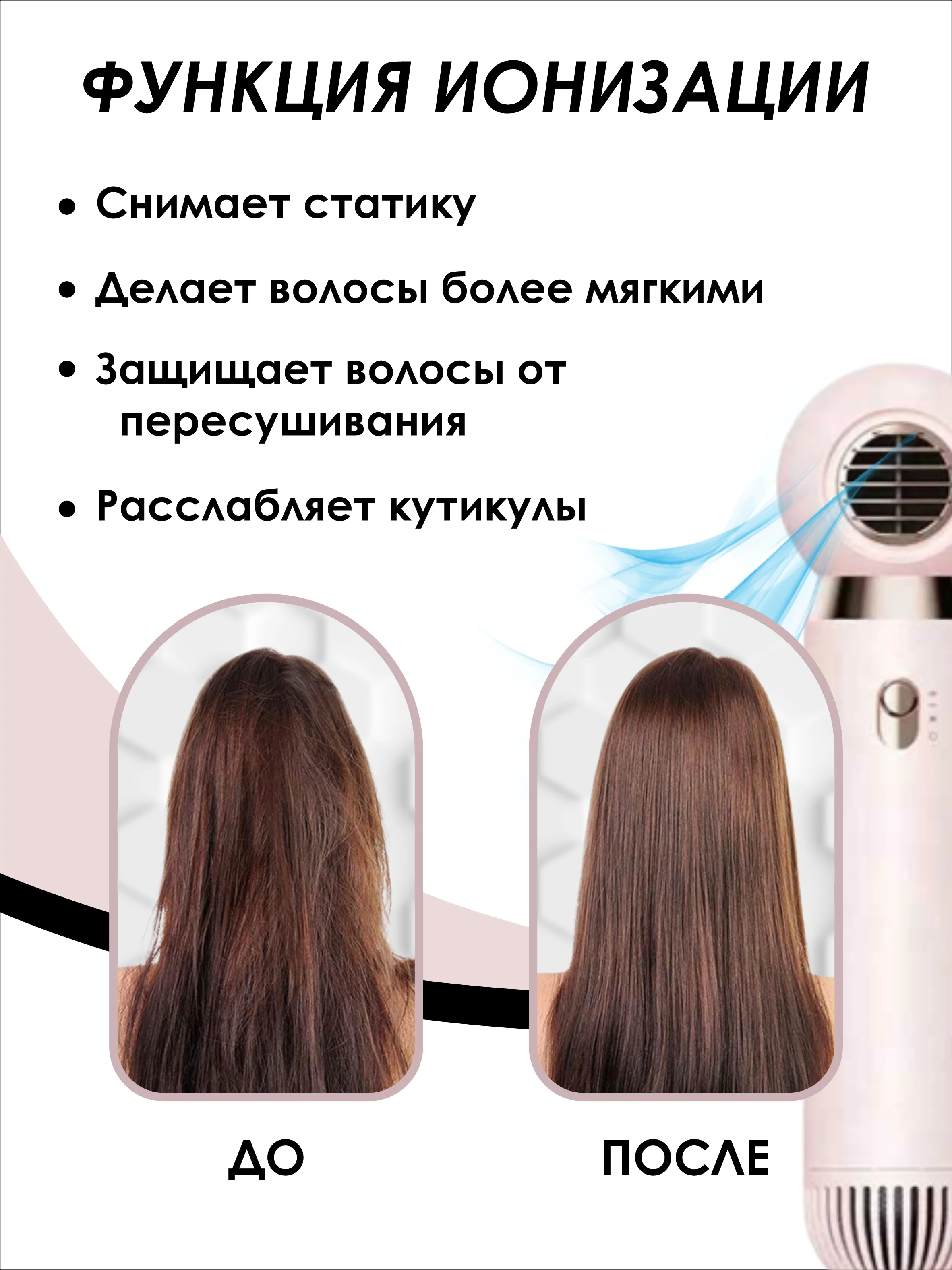 Розовый фен компактный с ионизацией, розовый