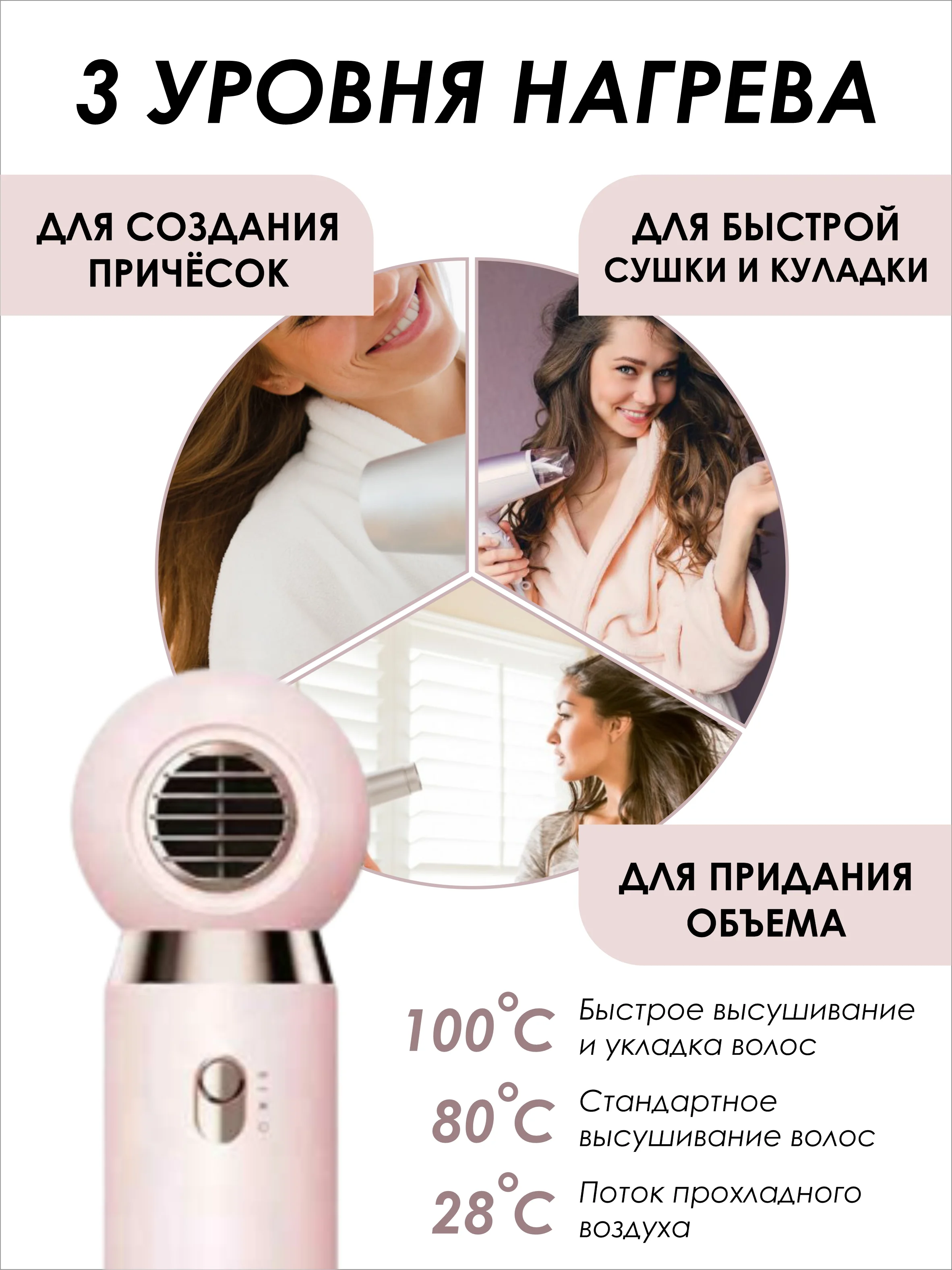 Розовый фен компактный с ионизацией, розовый