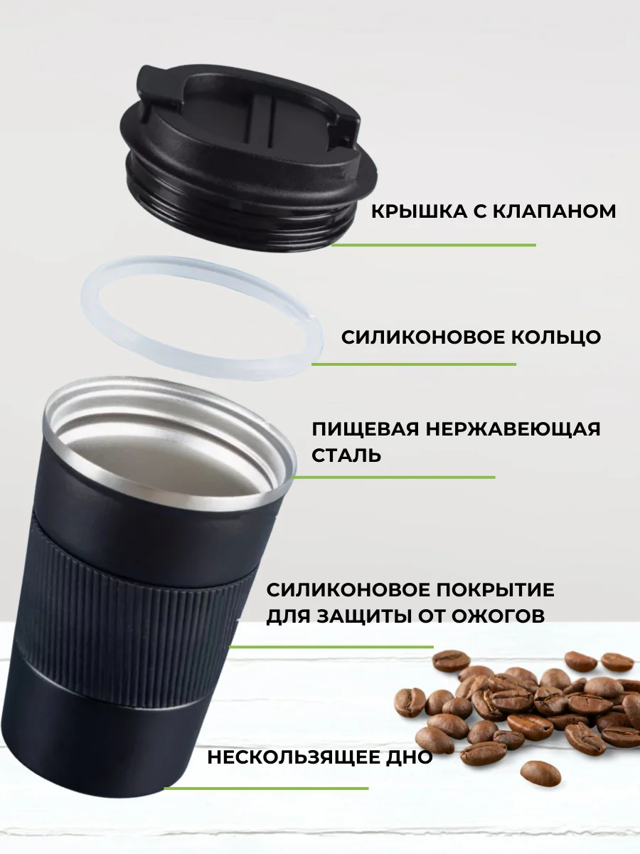 Черный термокружка автомобильная, 380 мл