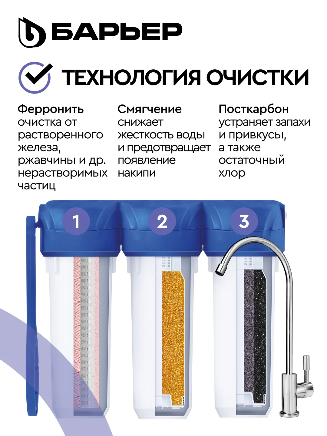 Фильтр под мойку для очистки воды трехступенчатый БАРЬЕР ПРОФИ Комплекс