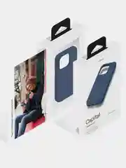 Темно-синий чехол для iPhone 15 Pro uBear Capital Case, MagSafe совместимый, натуральная кожа