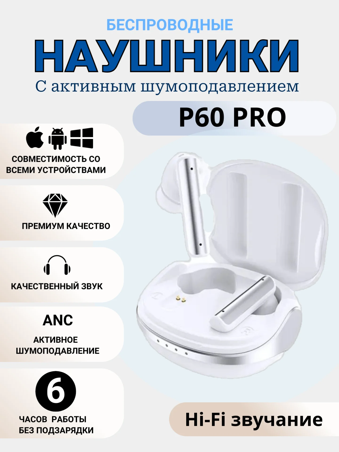 Белый беспроводные наушники P60Pro игровые, спортивные