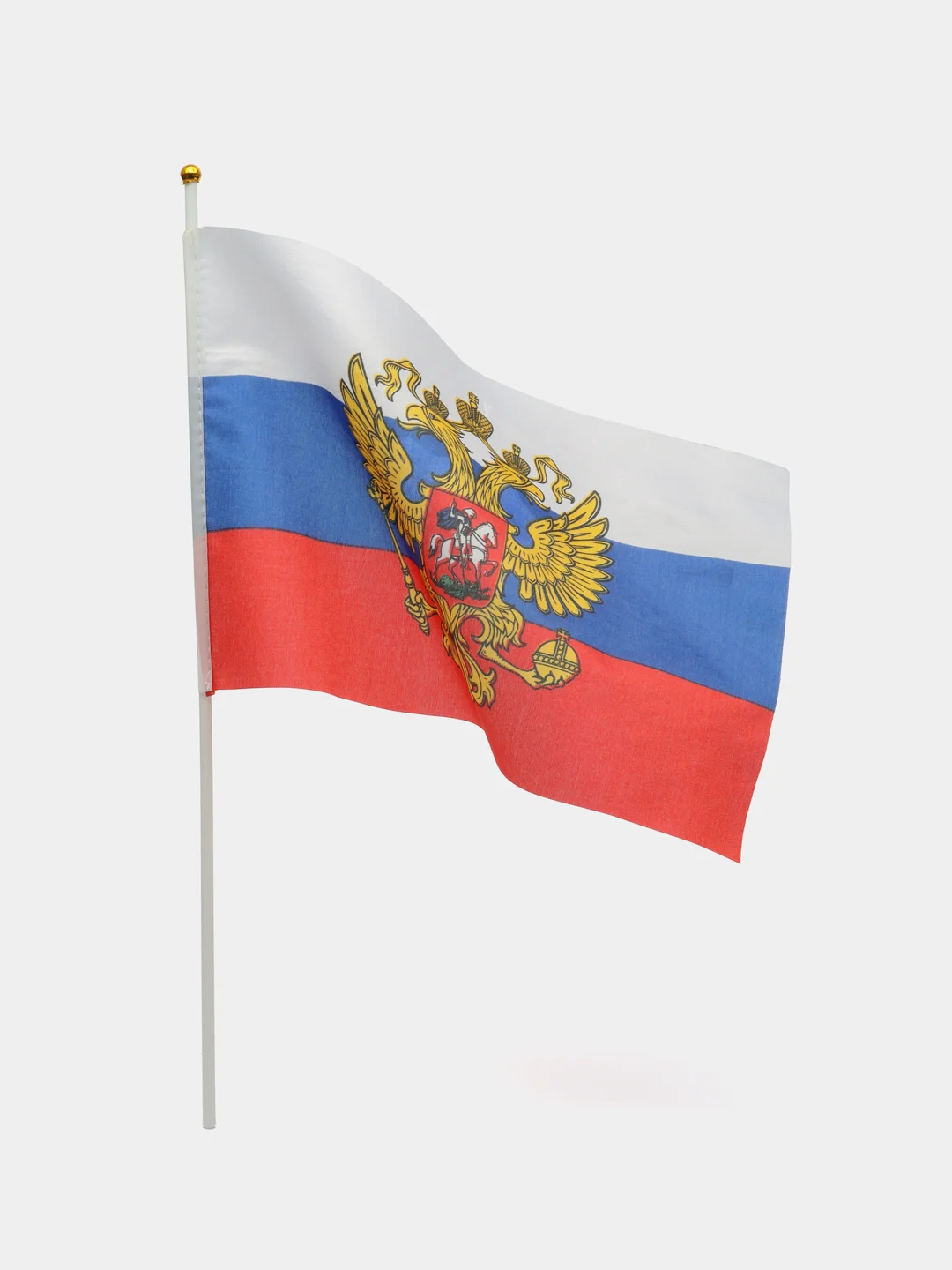 Золотой флаг России с флагштоком, с гербом 20*30 см, без герба 14*21 см