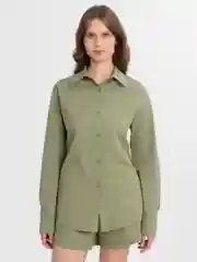 Зелёный хаки костюм льняной рубашка с шортами, домашний, оверсайз