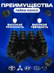 Гайка колесная автомобильная/черный цвет/ конус М12x1.5 / под ключ 19/ высота 35 мм /20 шт