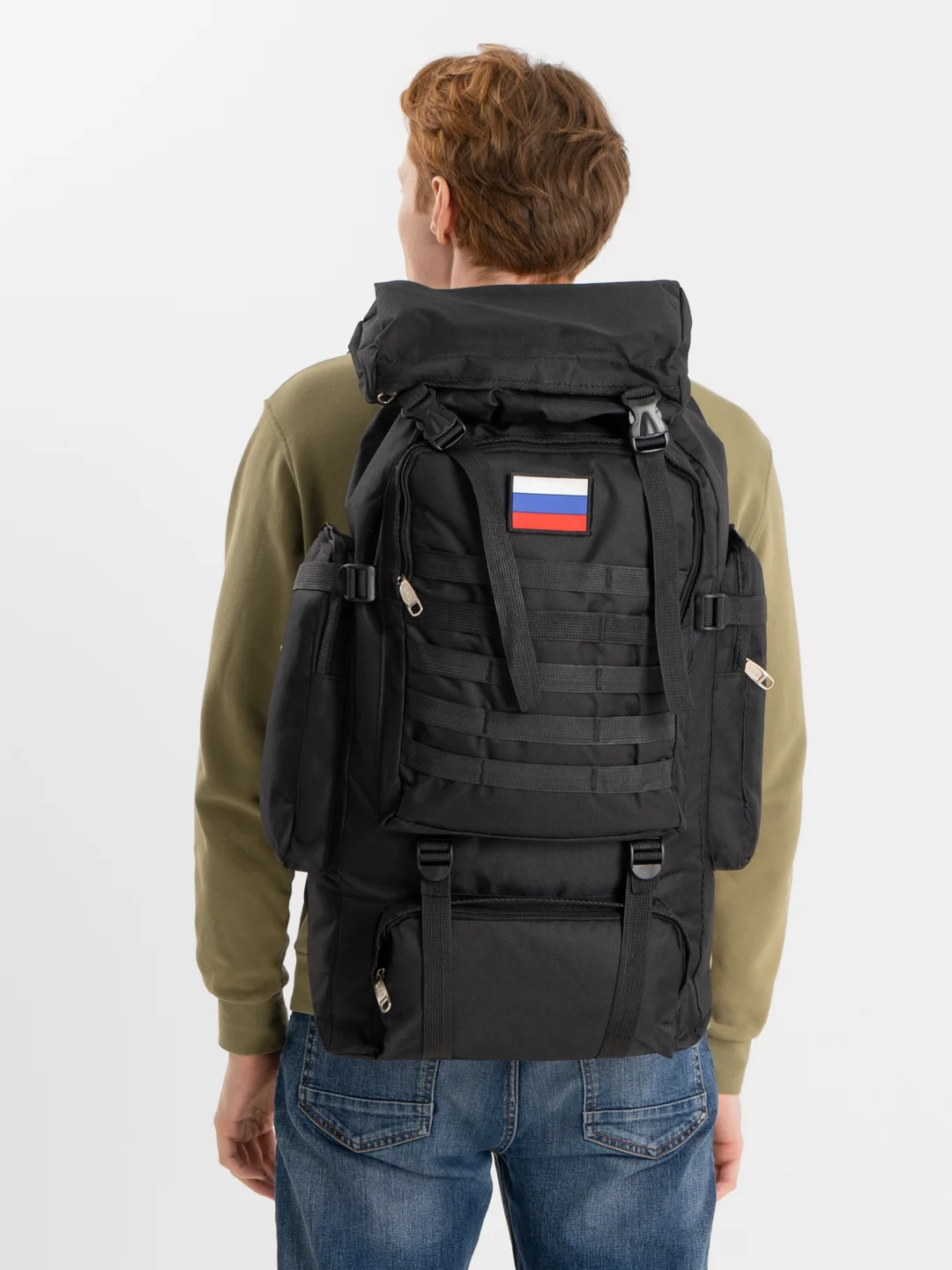 Черный рюкзак туристический, тактический, с флагом РФ, 50 л