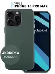 Черный чехол MagSafe для iPhone 15 Pro Max Plus кожаный ROSCO из экокожи с защитой камер магнитом