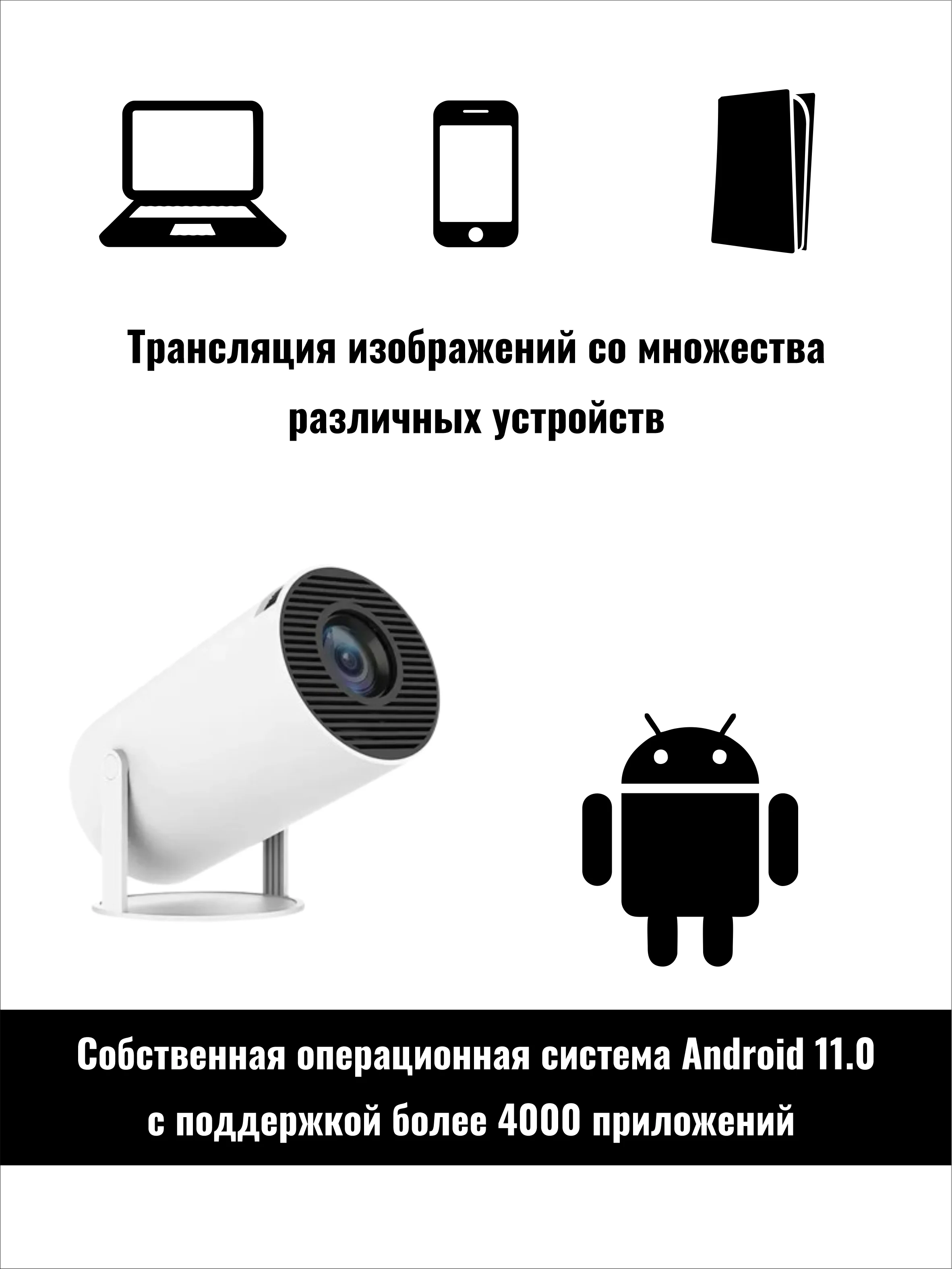 Белый мини-проектор HY300 PRO, домашний кинотеатр Android Wi-Fi Full HD