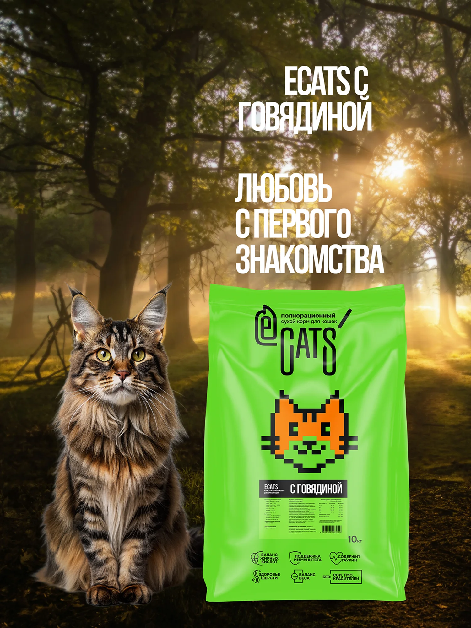Корм сухой ECATS для кошек с говядиной, 10 кг