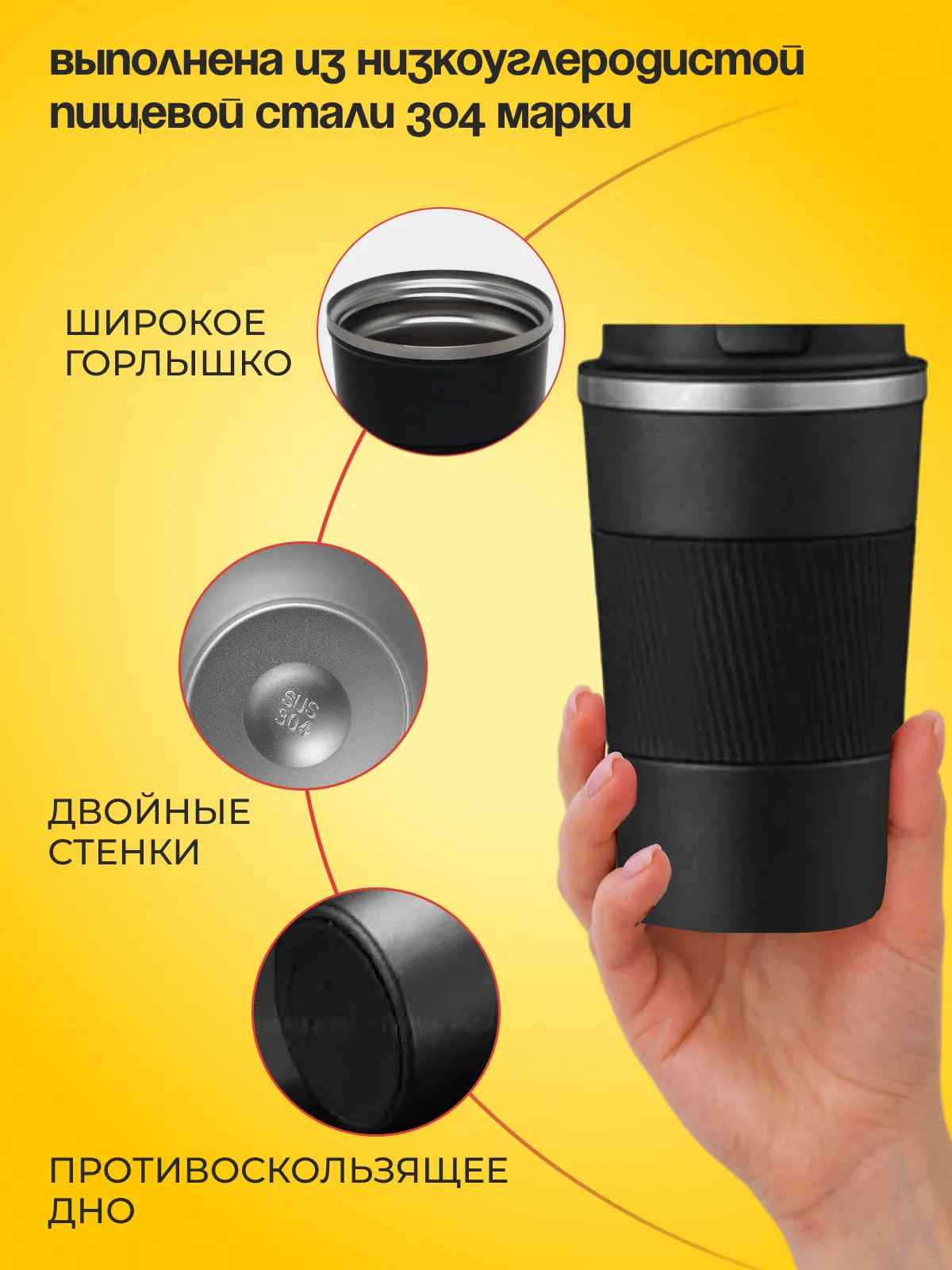 Черный термокружка автомобильная 510 мл, термостакан для кофе, автокружка