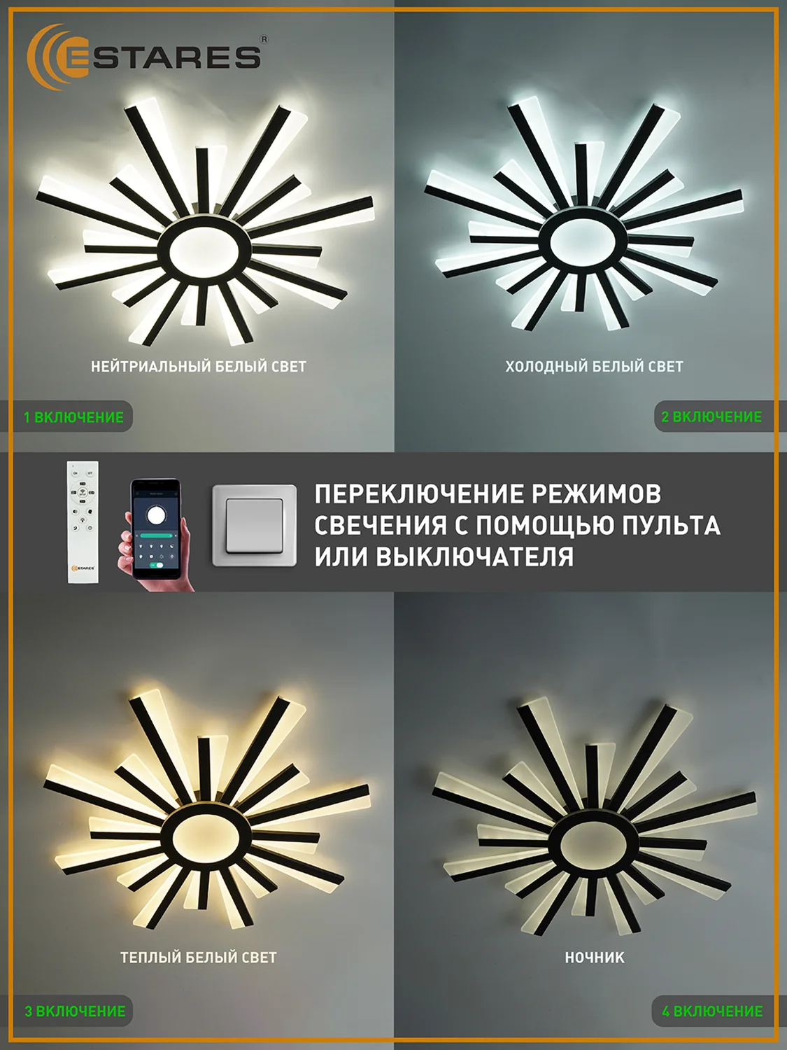 Управляемая потолочная светодиодная люстра с пультом Estares TERESA 100W черная ,до25кв.м