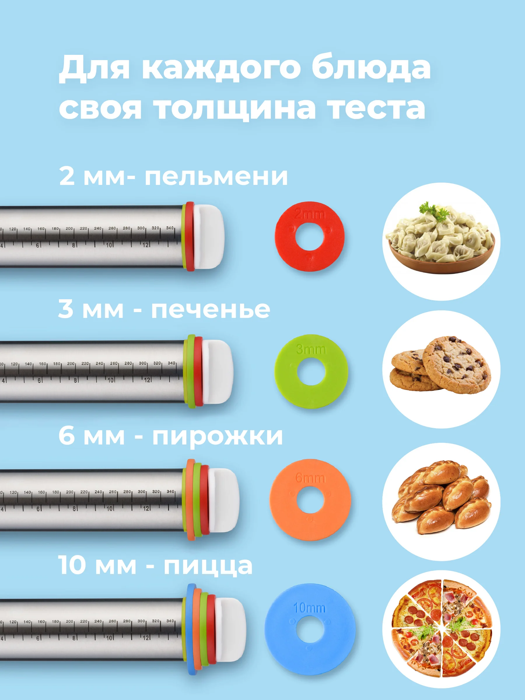 Скалка для теста Sugar Day, металлическая с регулировкой толщины теста