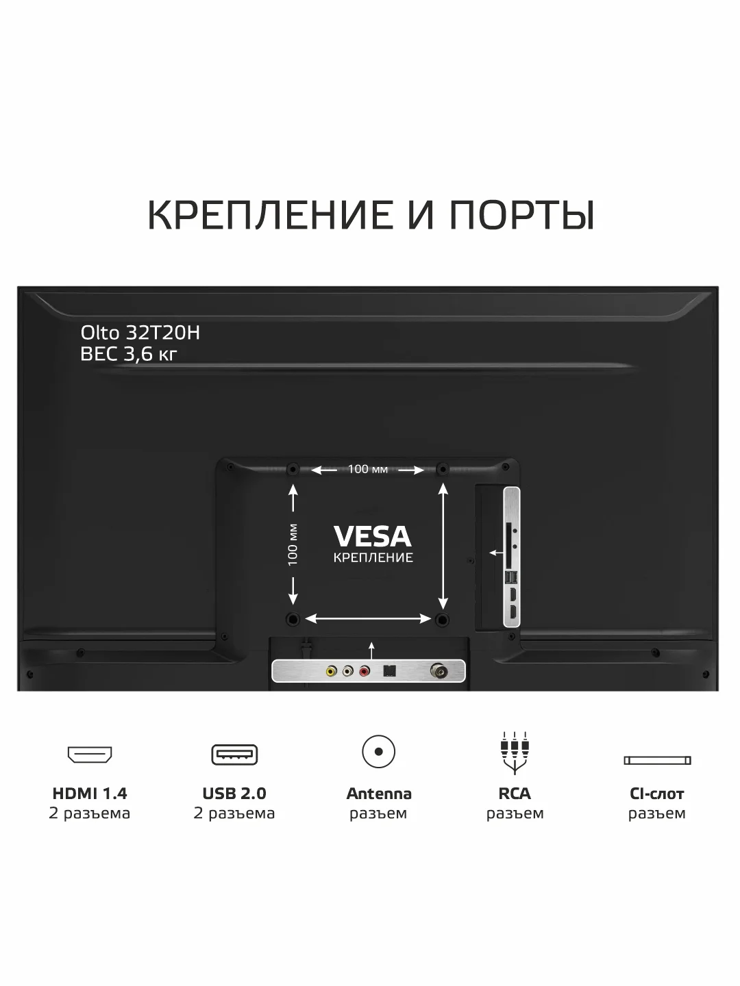 Телевизор HD OLTO 32T20H, DVB-T/T2 диагональ 32" (81 см), черный, гарантия 1 год