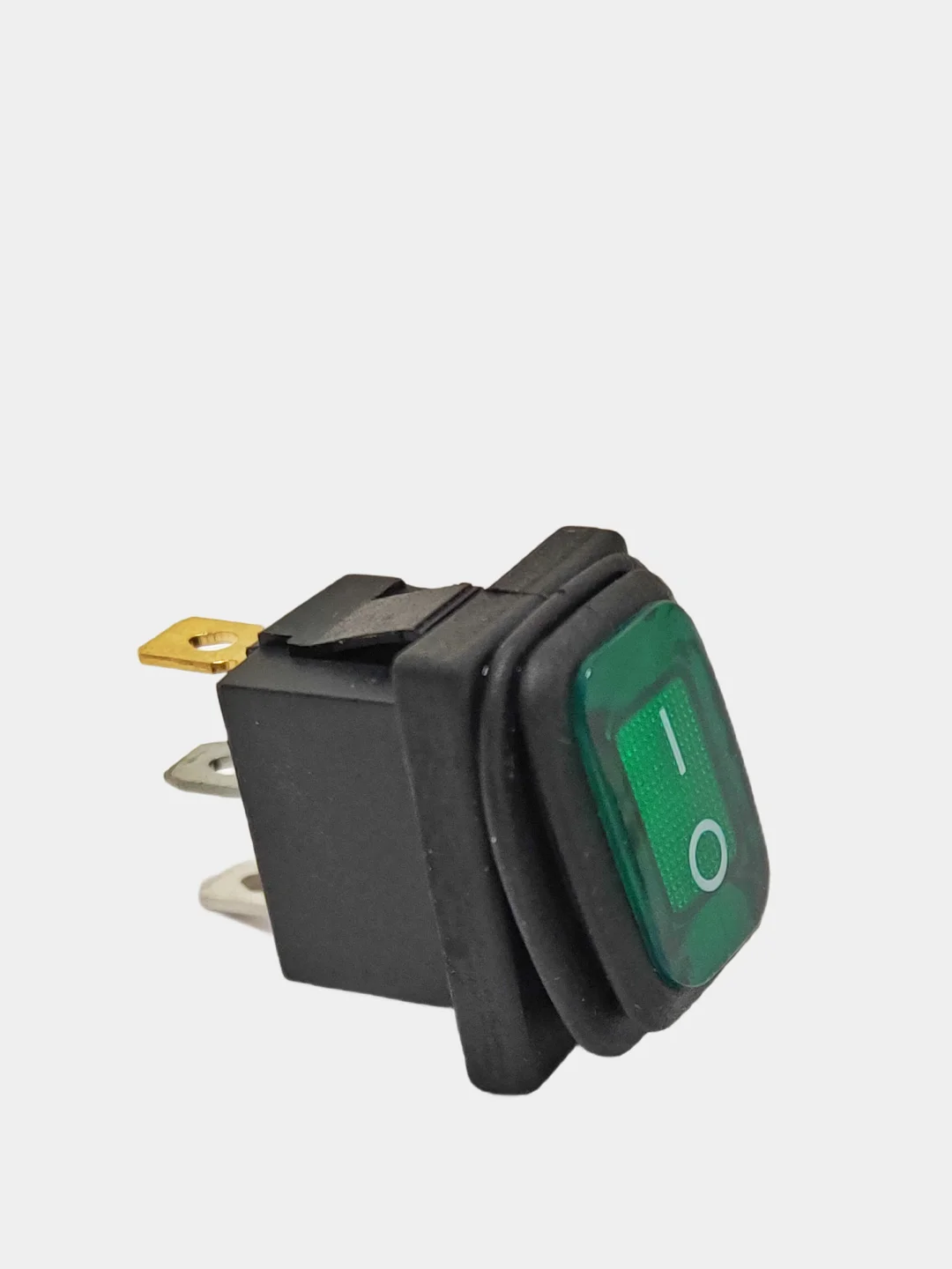 Зеленый выключатель клавишный мини влагозащита, подсветка 250V 6А (3с) ON-OFF