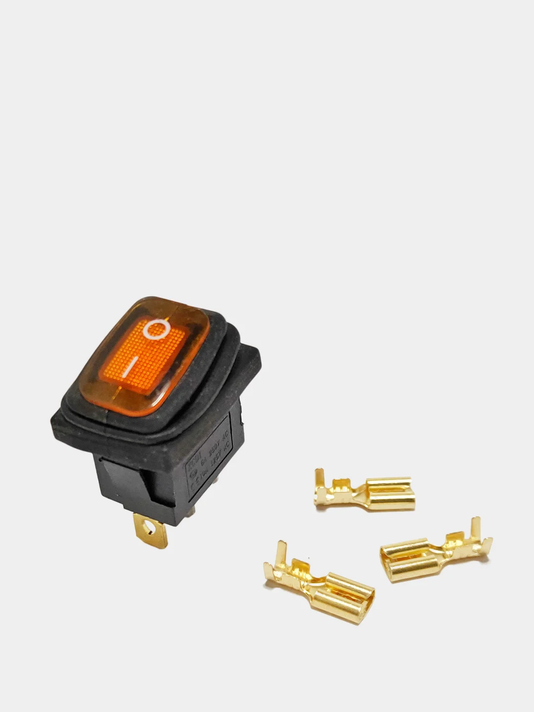 Желтый выключатель клавишный мини влагозащита, подсветка 250V 6А (3с) ON-OFF