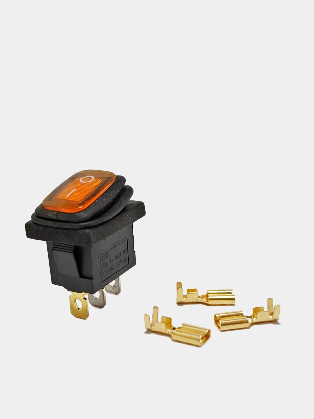 Желтый выключатель клавишный мини влагозащита, подсветка 250V 6А (3с) ON-OFF
