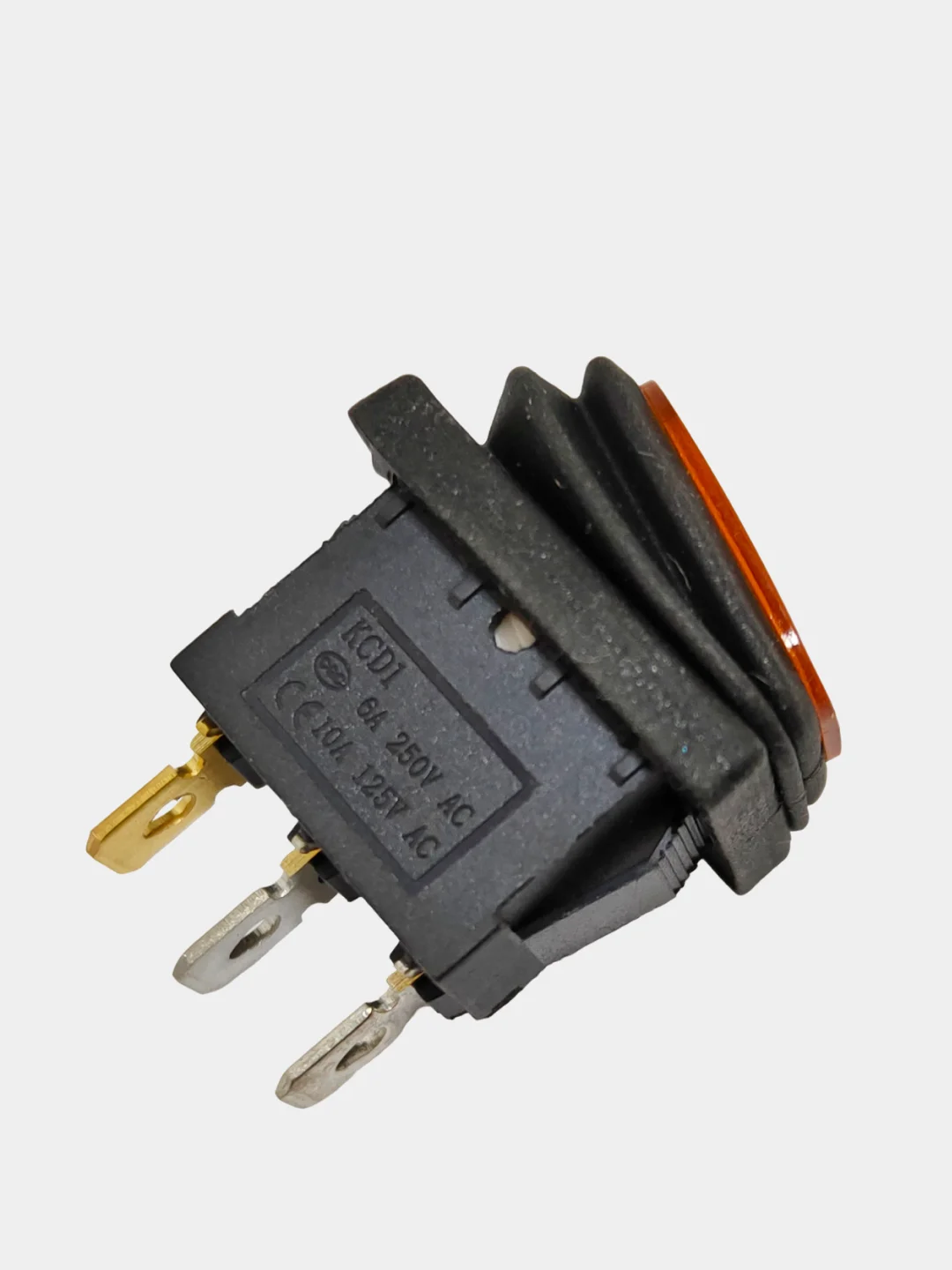 Желтый выключатель клавишный мини влагозащита, подсветка 250V 6А (3с) ON-OFF