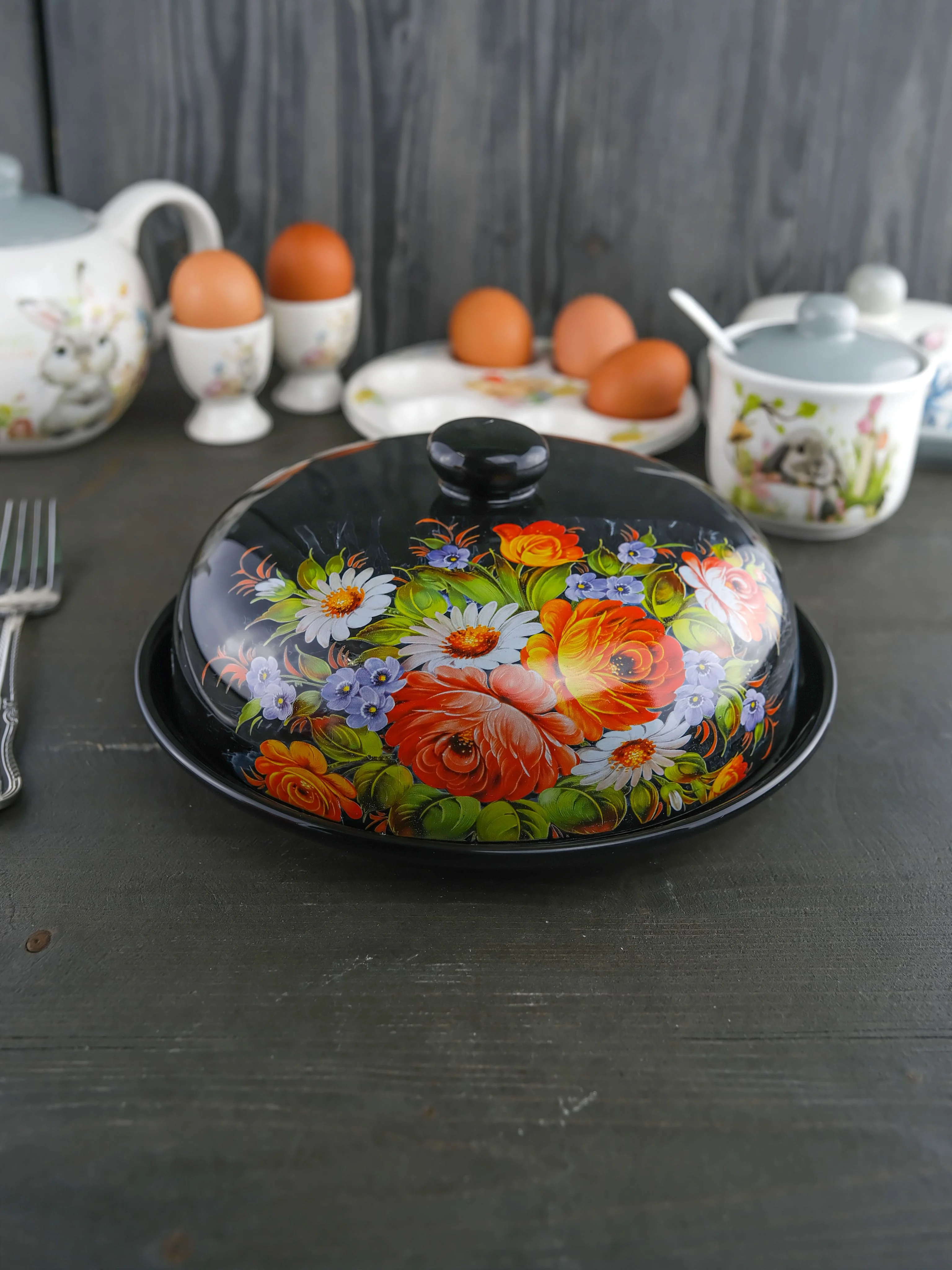 Черный блюдо для блинов с крышкой Repast Жостов 23*23*9,7 см