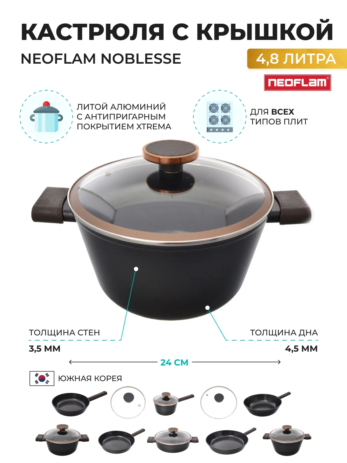 Черный кастрюля со стеклянной крышкой Neoflam Noblesse 4,8 л, 24 см