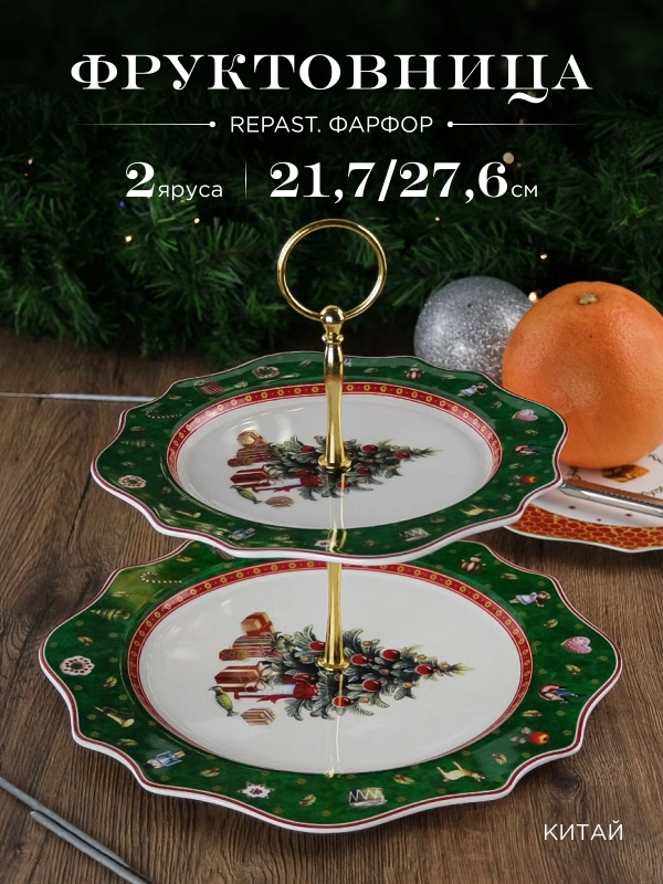Фруктовница 2-х ярусная Repast Green 21.7*21.7*1.7/27.6*27.6*1.4 см