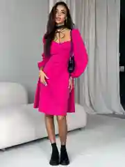 Фуксия платье миди вечернее с рукавом фонарик