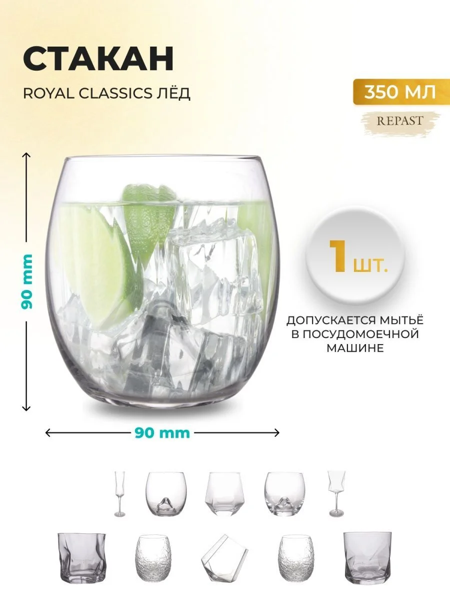 Прозрачный стакан Royal Classics Лёд 350 мл, 9*9 см
