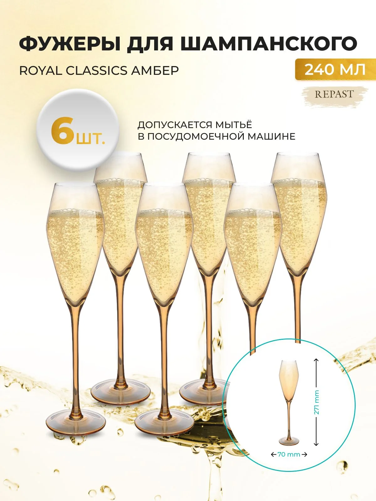 Прозрачный набор фужеров для шампанского Royal Classics Амбер 240 мл 23,6*6,4*7,8 см