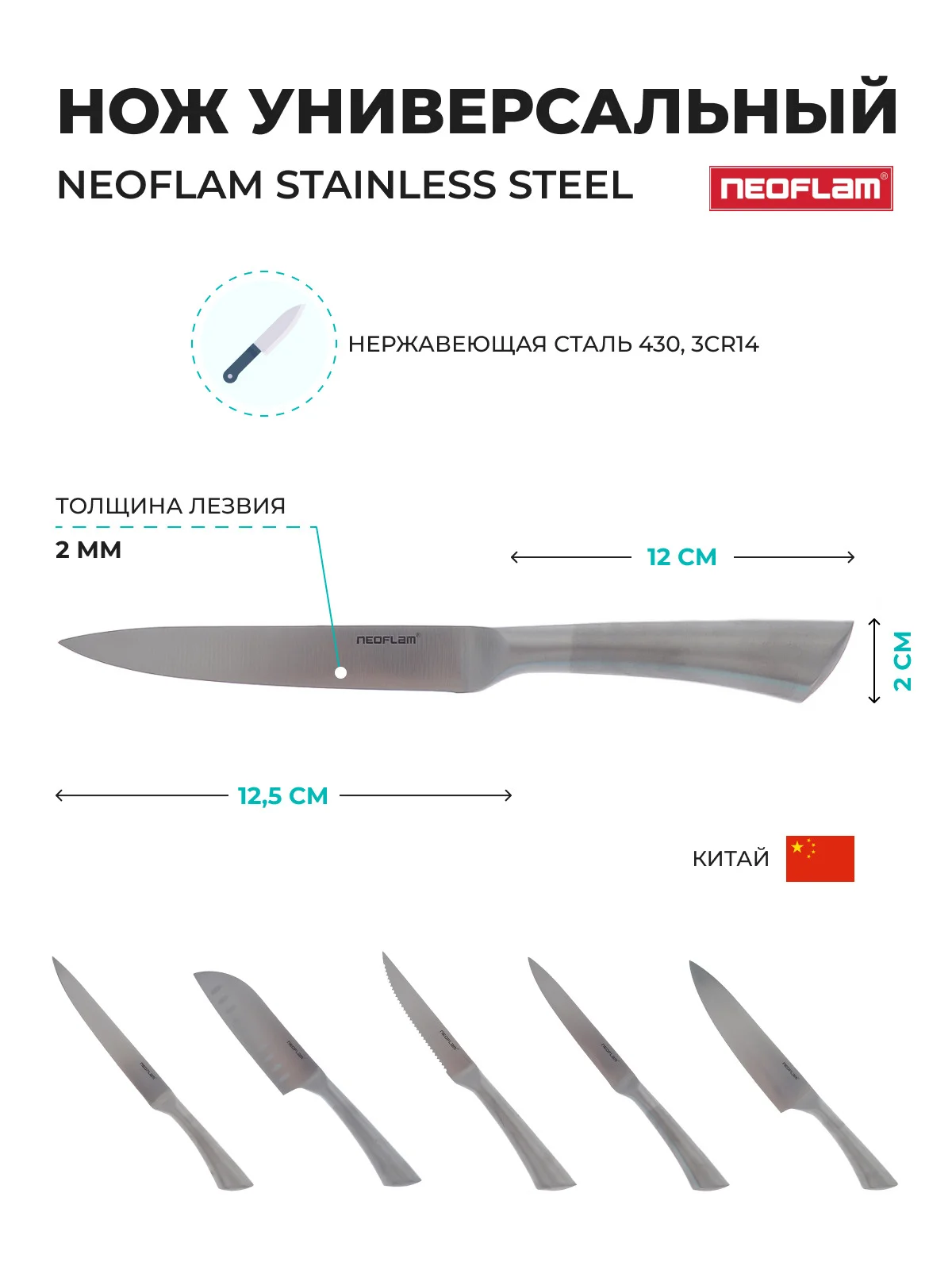 Серебряный нож Универсальный Neoflam Stainless Steel 24*3*2 см