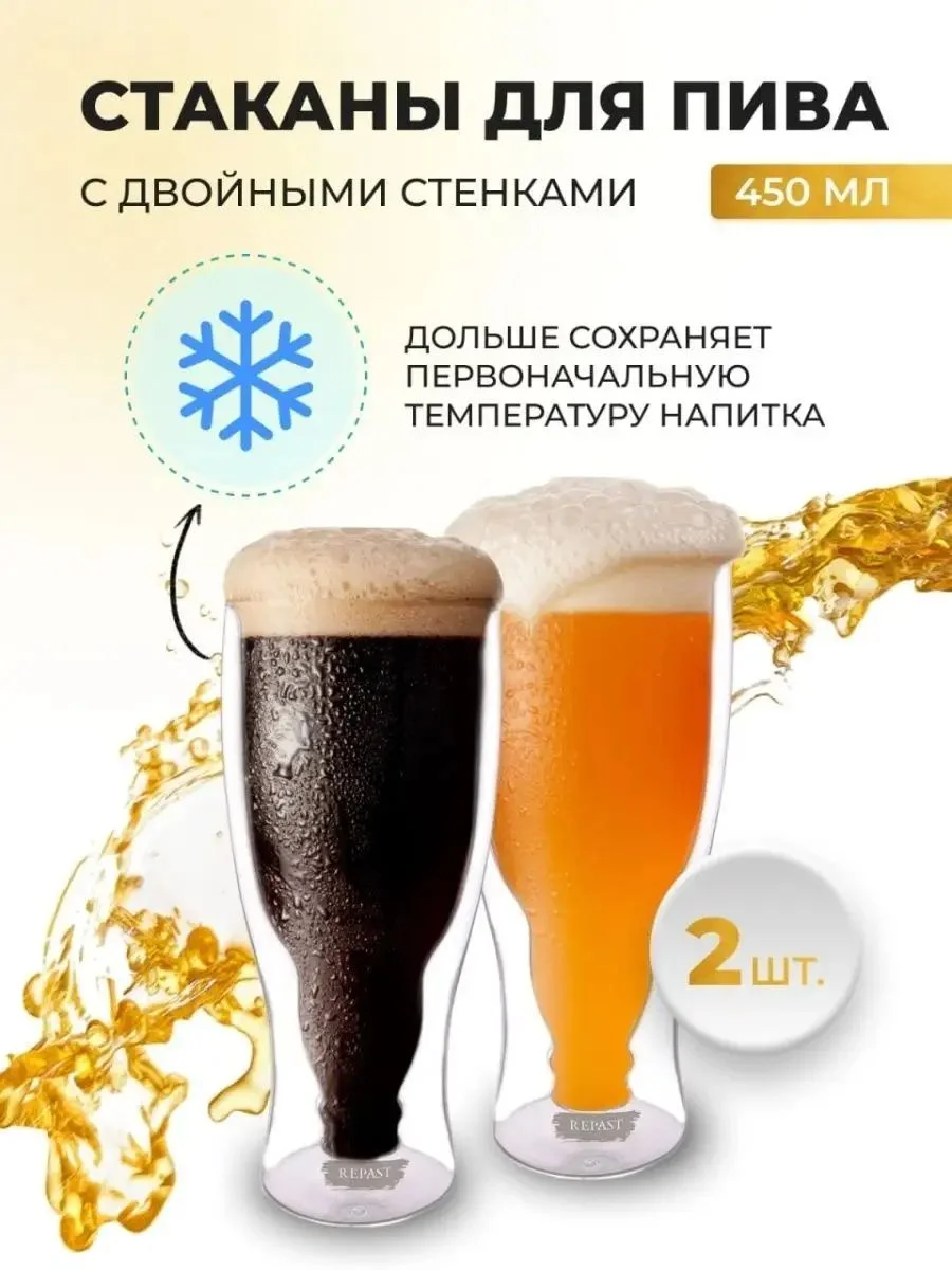 Прозрачный набор стаканов для пива с двойным стеклом Repast Double wall 450 мл 2 шт.