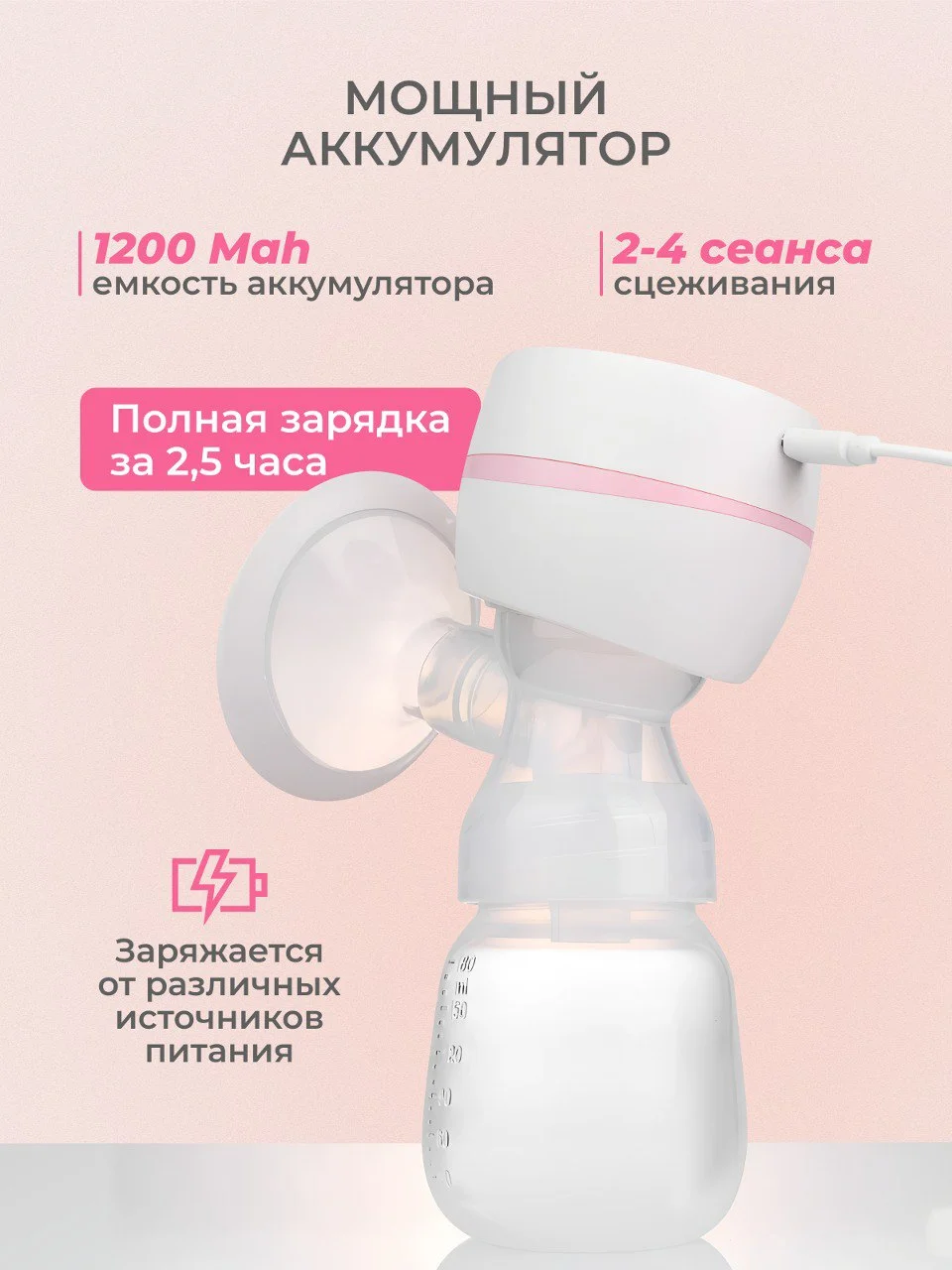 Белый молокоотсос электрический беспроводной, с бутылкой