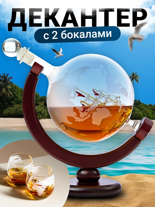 Декантер для виски Limpid Side, графин глобус стеклянный с бокалами