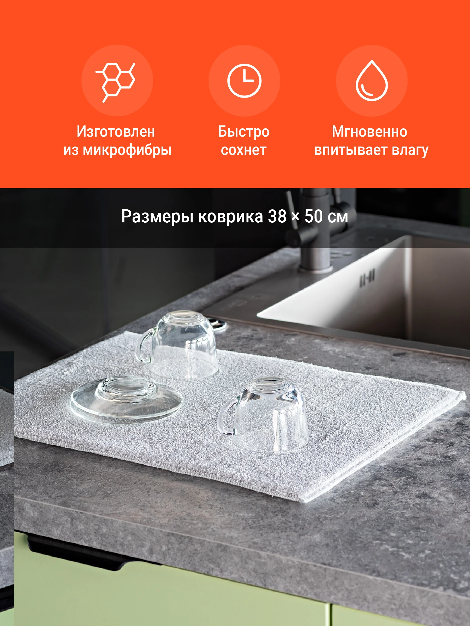 Коврик для сушки посуды Shiny Kitchen, коврик с подставкой из микрофибры