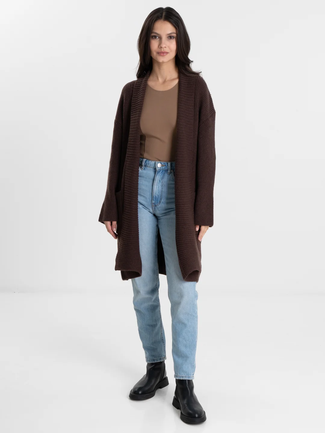 Коричневый кардиган женский, вязаный, на запах, oversize, накидка женская, вязаная, оверсайз
