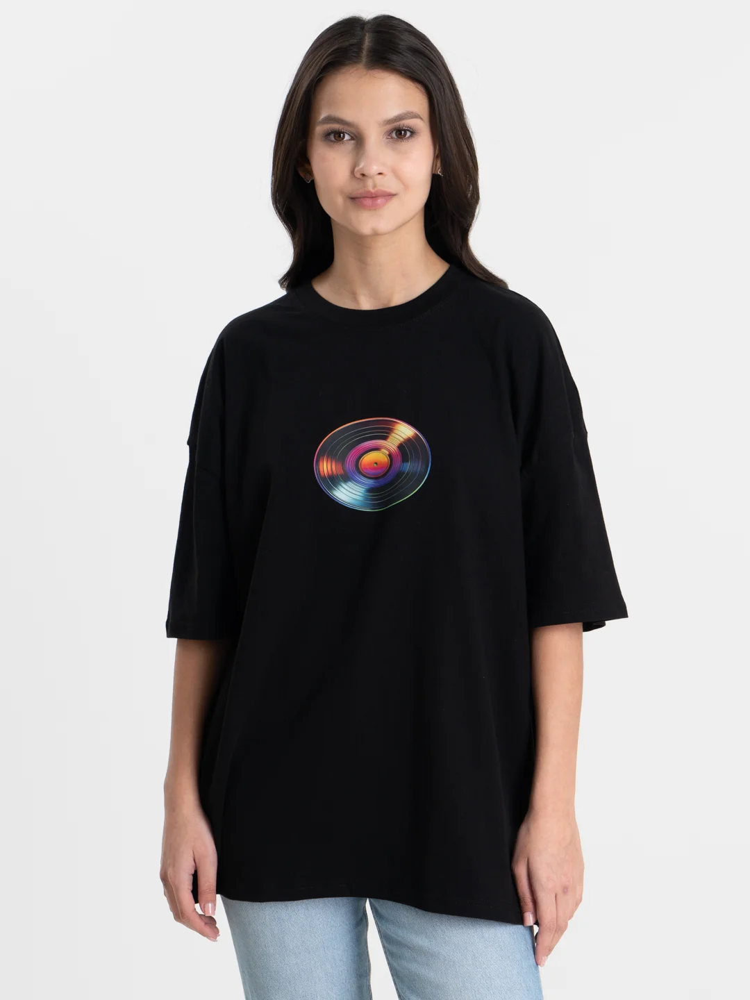 Черный футболка оверсайз "Пластинка", унисекс, oversize, T-Shirt с принтом, хлопок
