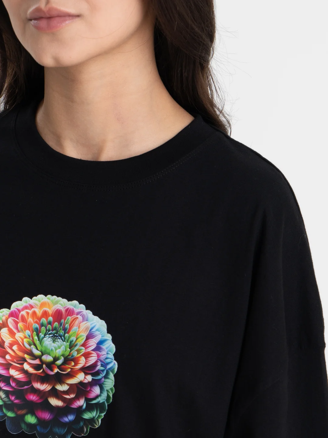 Черный футболка оверсайз "Цветок", унисекс, OverSize T-Shirt с принтом, хлопок