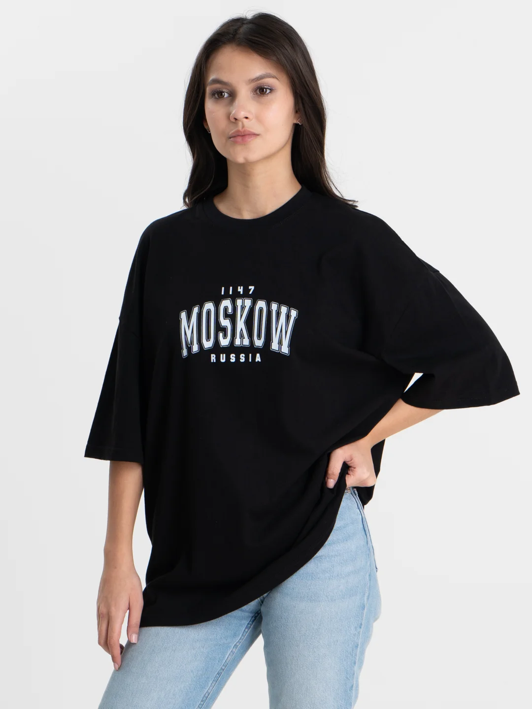 Черный футболка оверсайз "Moskow/Saint-P", унисекс, OverSize T-Shirt с принтом, хлопок