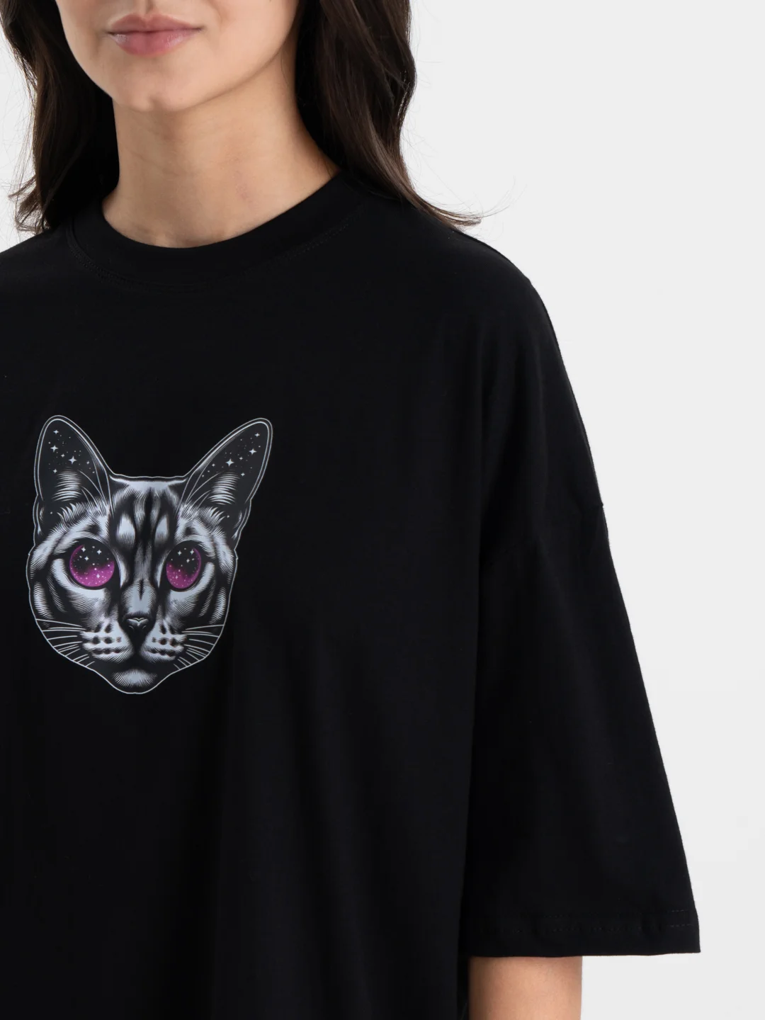 Черный футболка оверсайз "Кошка", унисекс, oversize, T-Shirt с принтом, хлопок