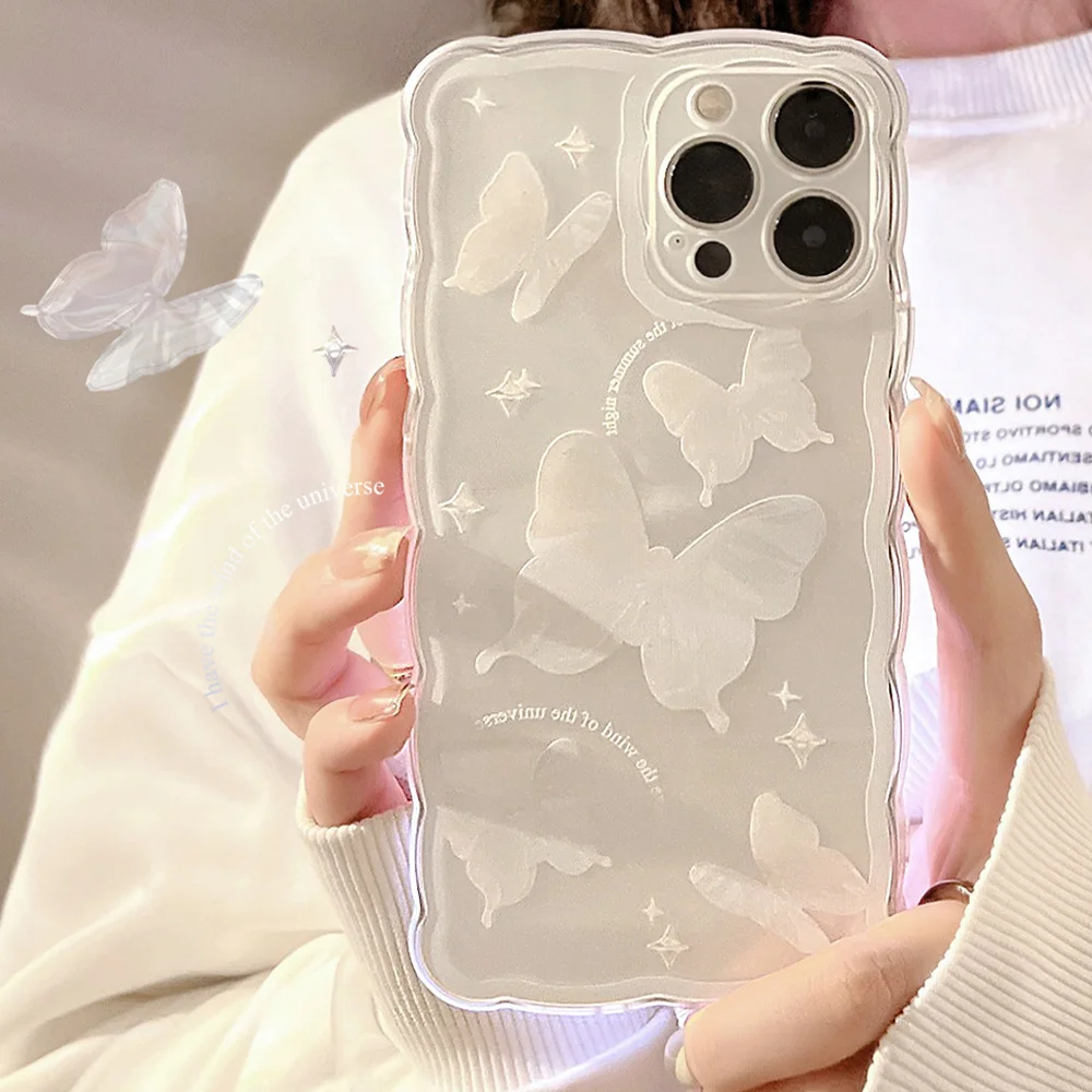 Белый чехол для iPhone (Айфон) 11, 12, 13, 14, 15, Pro, Pro Max, силиконовый с бабочками