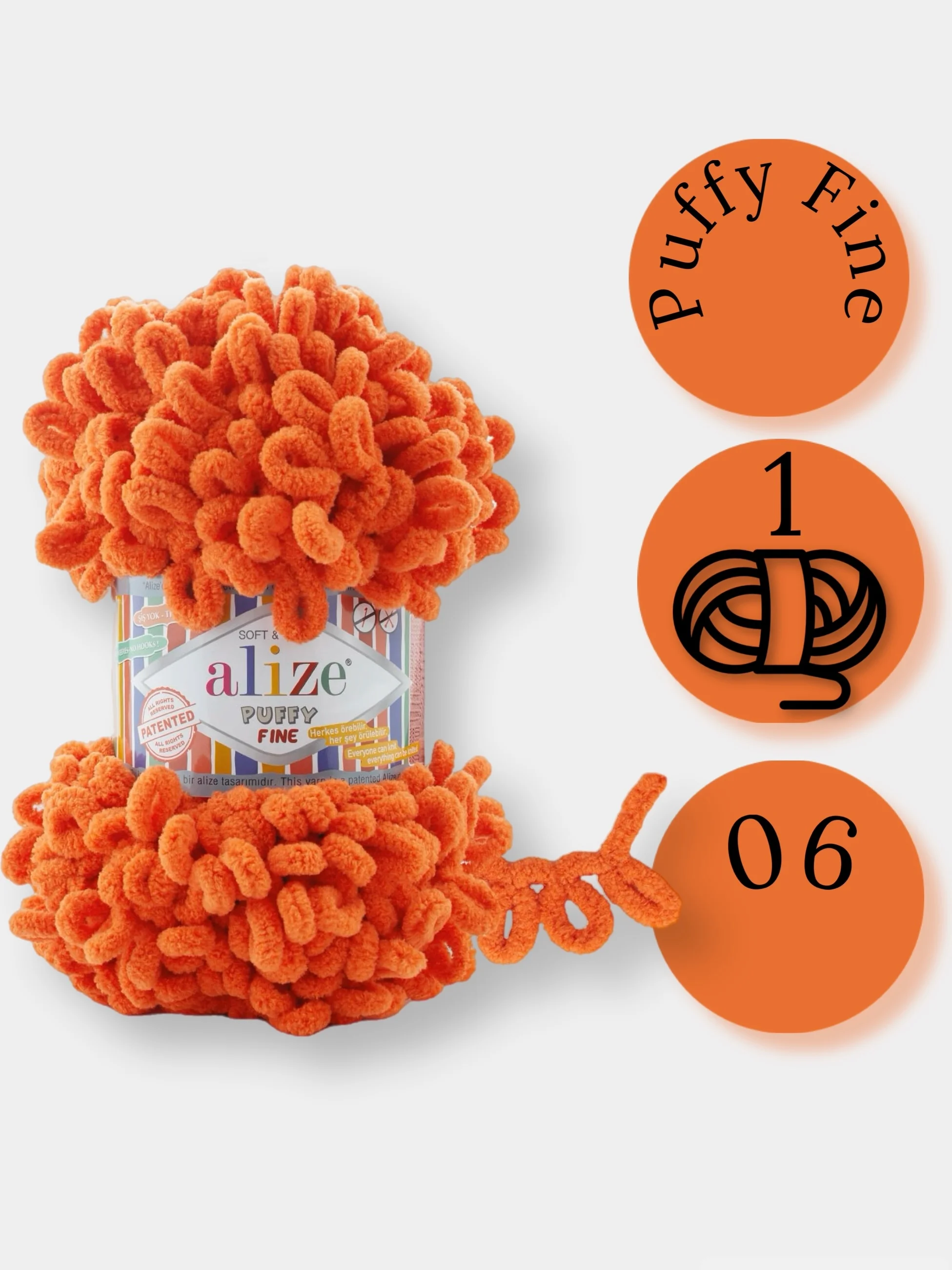 Оранжевый пряжа Alize Puffy Fine 100% Микрополиэстер 100г 14м